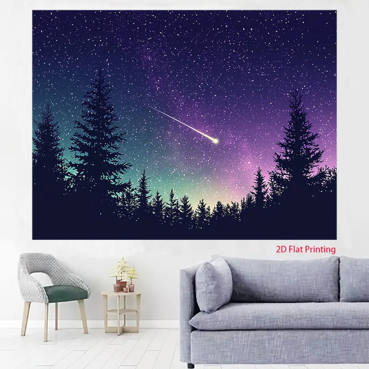 Starry Night Sky Forest Silhouette Tapestry Meteor Shower Celestial Scene 2D Flat Print Backdrop for Dreamy Bedroom Ambiance