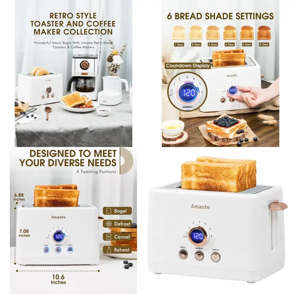 Tostadora de Ranura Ancha Estilo Retro con Pantalla LED, 6 Niveles de Tostado, Función para Bagels, Cancelar, Descongelar, Acero Inoxidable, Palanca de Elevación Alta, Remo