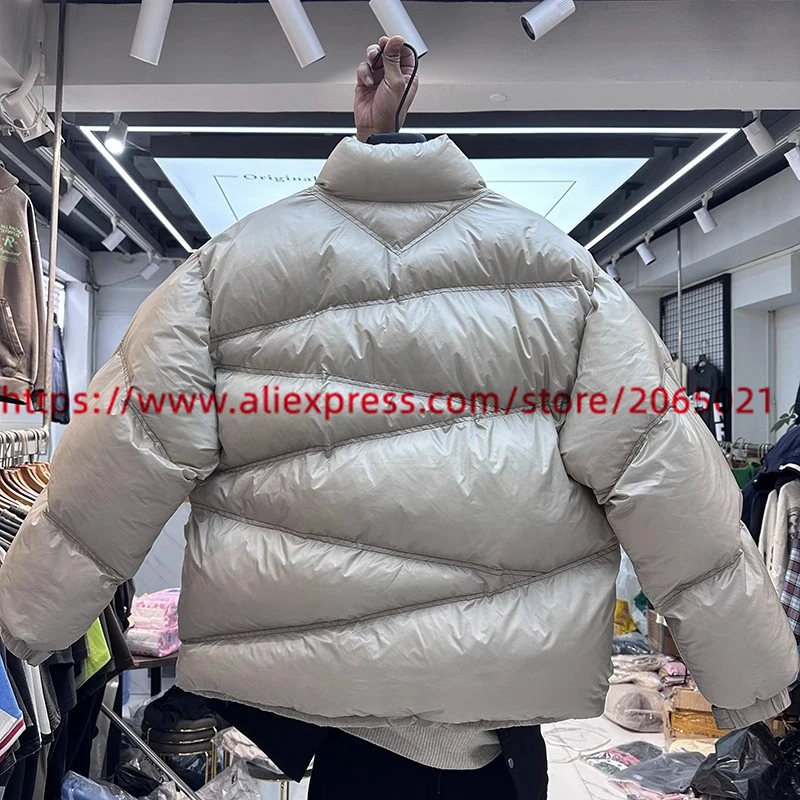 Jaqueta puffer de pão estilo funcional para homens e mulheres, parkas soltas com capuz, casacos de zíper diagonal