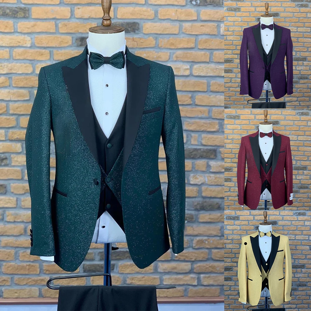 Latest Design Men Suits Tailor-Made Tuxedo Three-Pieces Jacket Vest and Pants Wedding Party Singer Groom Twill Costume