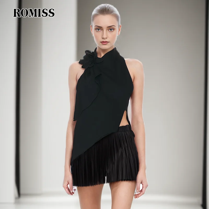 ROMISS Solid Color Stitching Application Elegant Women's Vest Round Neck Sleeveless Temperament Vest Female Fashion Style