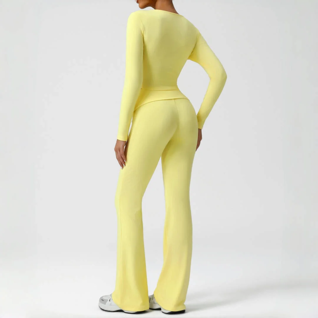 

Yoga Set Threaded Slim Flared Pants Slimming V-Neck Pants Long Sleeve Winter Fitness Outfit Running Sports Pants Set for Women