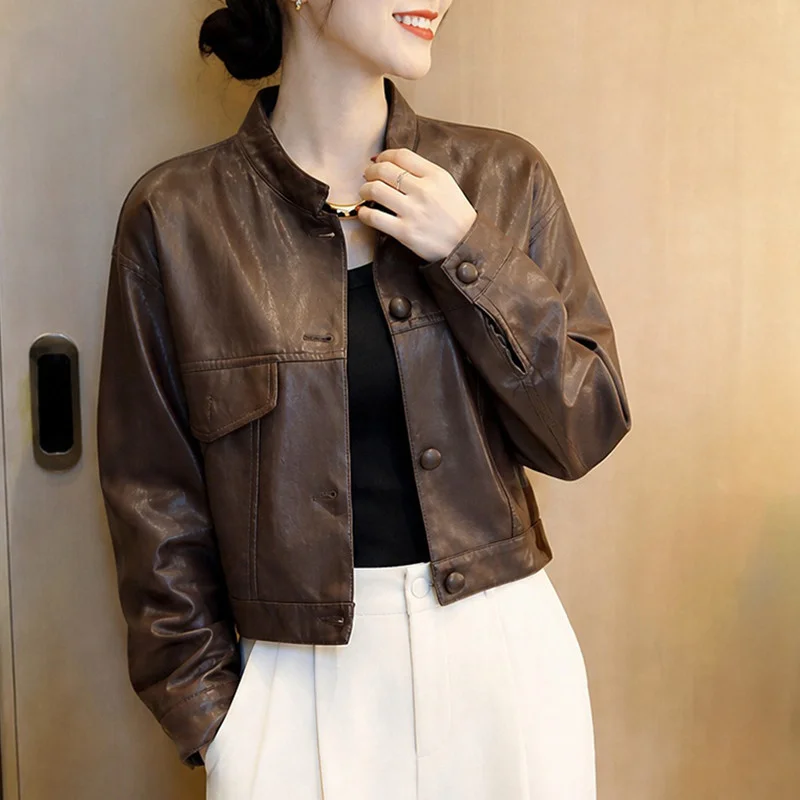 Autumn New Fashion Beautiful Leather Jackets Top Women's Leather Coat Retro Stand Up Collar Short Motorcycle Jacket Outerwear