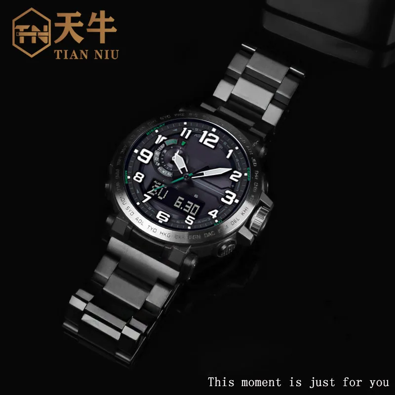 Gelang 24mm UNTUK Casio PRG-600 PRG-600YB PRG-650 PRW-6600Y pria logam hitam presisi baja tahan karat Aksesori rantai jam