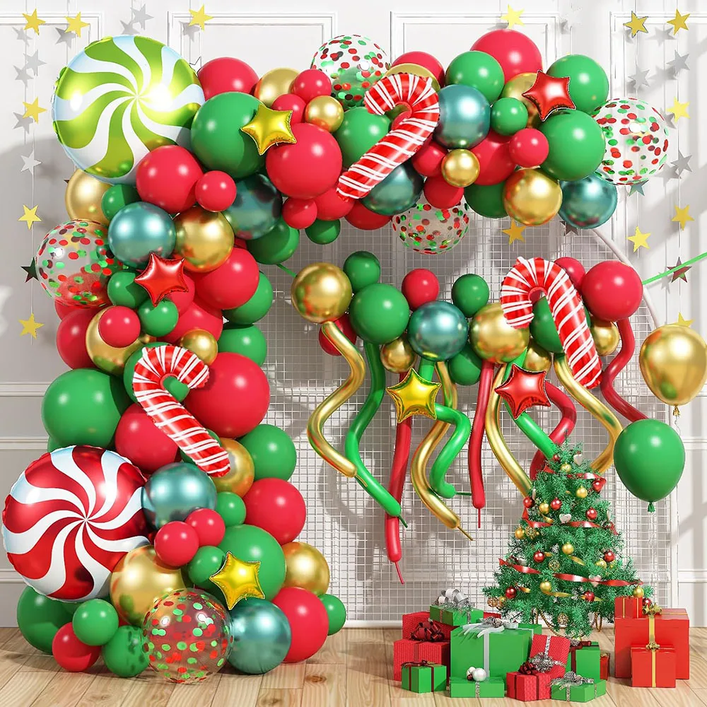 Weihnachts ballon bogen, 120 Stück rot grün Gold Konfetti Ballon Girlande, Weihnachts dekoration mit DIY langen Ballon Banner Zuckers tange Windmühle Stern Aluminium folie Ballon, geeignet für Neujahr