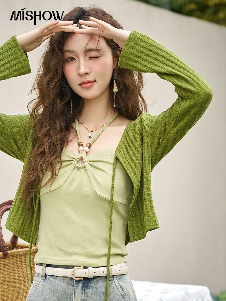 MISHOW Knitted Two-piece Set for Women 2024 Spring Solid Retro Sweet Lace Up Vest Paired with Long-sleeved Cardigan MXD12Z0534