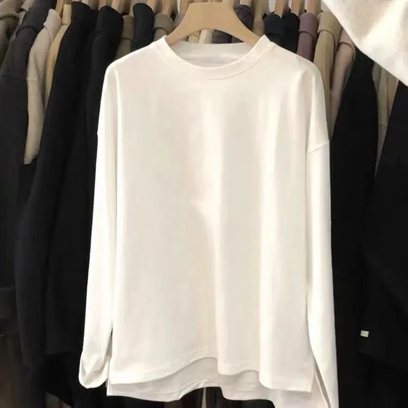 Loose Long Sleeve Women's T-shirt Spring Autumn White Side Slit Bottoming Shirt Euro Size Large Cover Butt Inner Wear