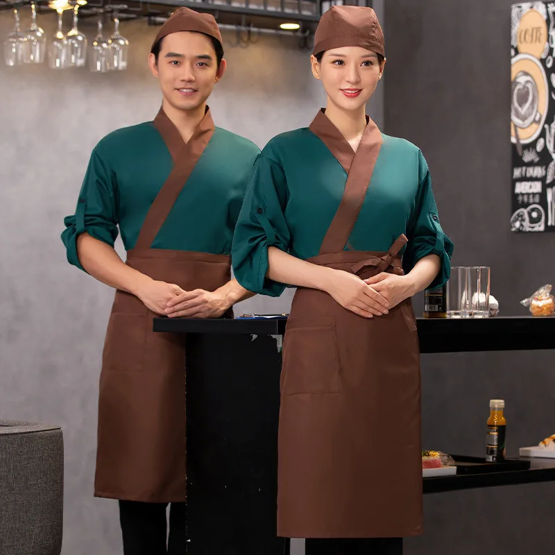 Long-Sleeved Japanese Work Uniforms for Men And Women Izakaya Sushi Restaurant Waiter Chef Kimono Style Chef's Apron Included