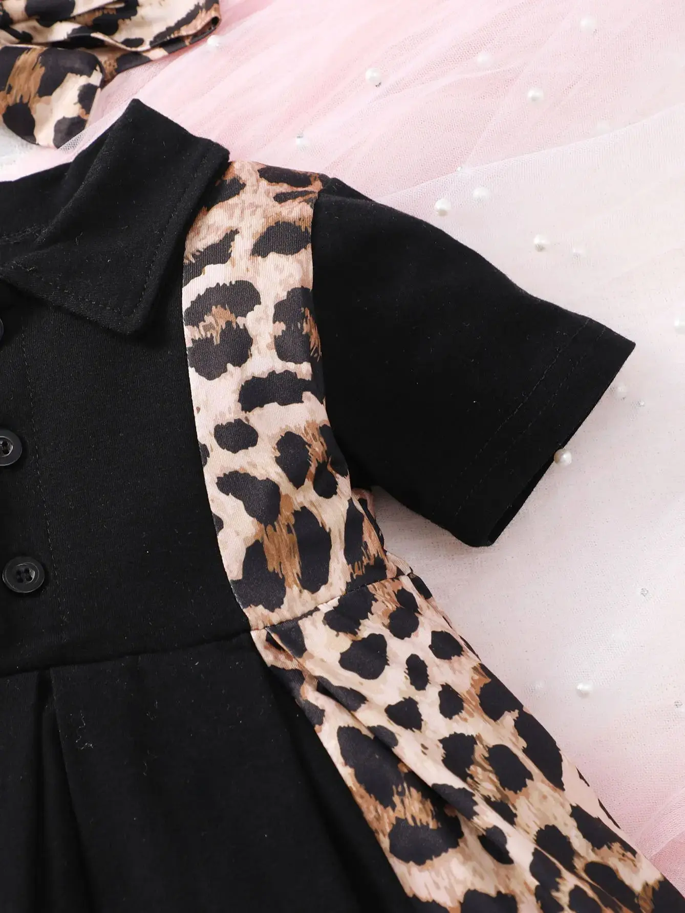 0-3 Year Old Newborn Baby Girls Summer Short Sleeved Lapel Black Leopard Print Cute Fashion Pleated Dress