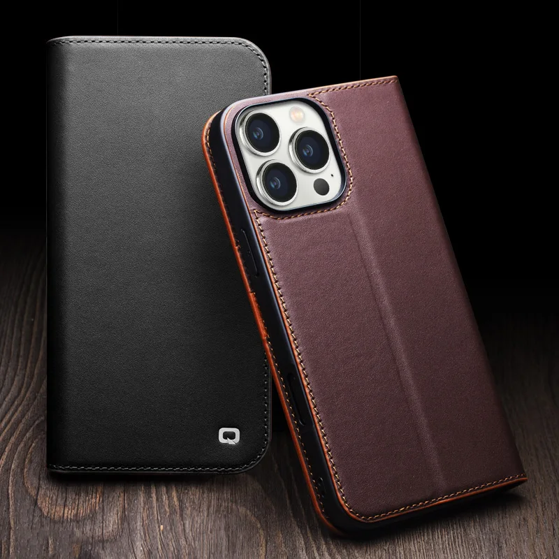 Qialino Brand Genuine Premium Leather Cowhide Flip Mobile Phone Case Cover For iPhone 15 16 Pro Max Plus Matte Retro Kickstand