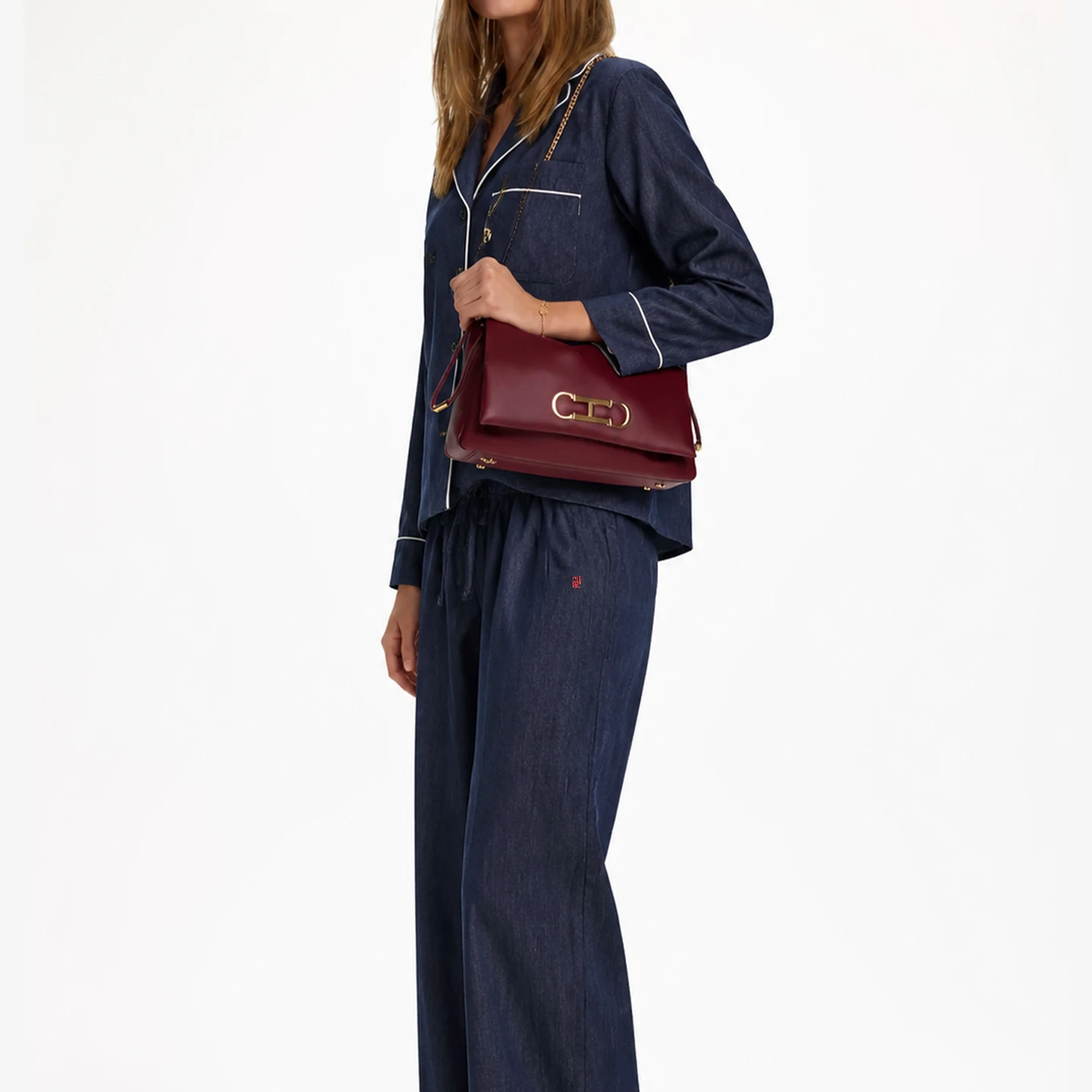 CH Letter Embroidered Solid Color Denim Pajama Set Women Notched Lapel Drawstring Waist Regular Fit Minimalist Chic Loungewear image 4