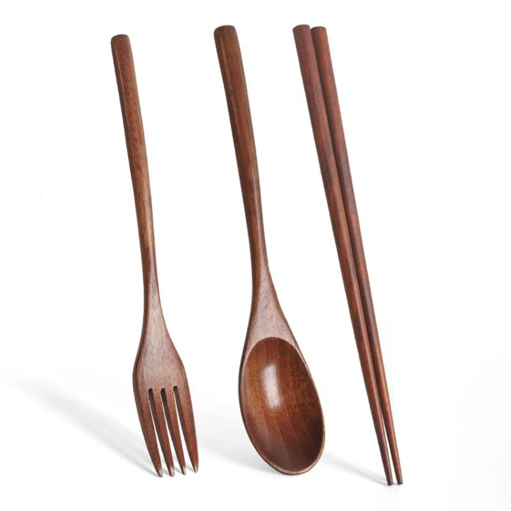 Wooden Spoon For Kitchen Fork Spoon Chopsticks 3-piece Solid Wood Long Handle Spoon Kitchen Accessories Tableware Decoration Set