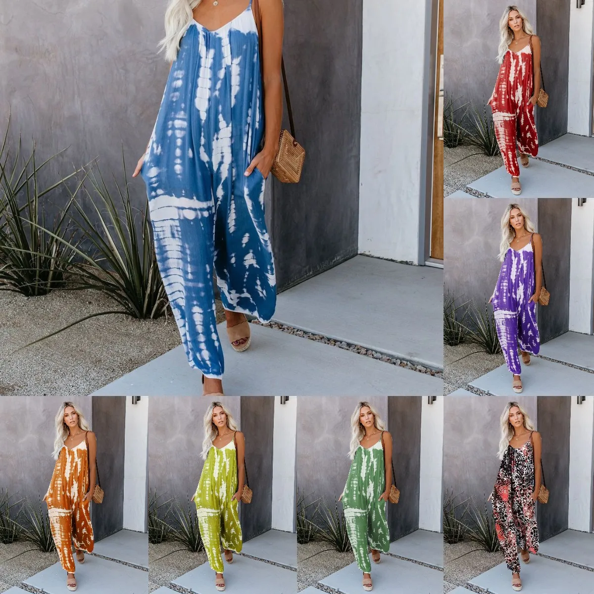 

Сексуальная цельная женская одежда, Новое поступление, лето 2024, комбинезон с широкими штанинами и ремешками, длинные брюки с низкой талией, полностью хлопок