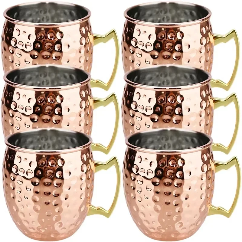 Juego de 1-6 Tazas de Cerveza Moscow Mule de Acero Inoxidable, Recubiertas de Cobre, Martilladas, Anti-caída, para Cócteles, Bar, Banquetes