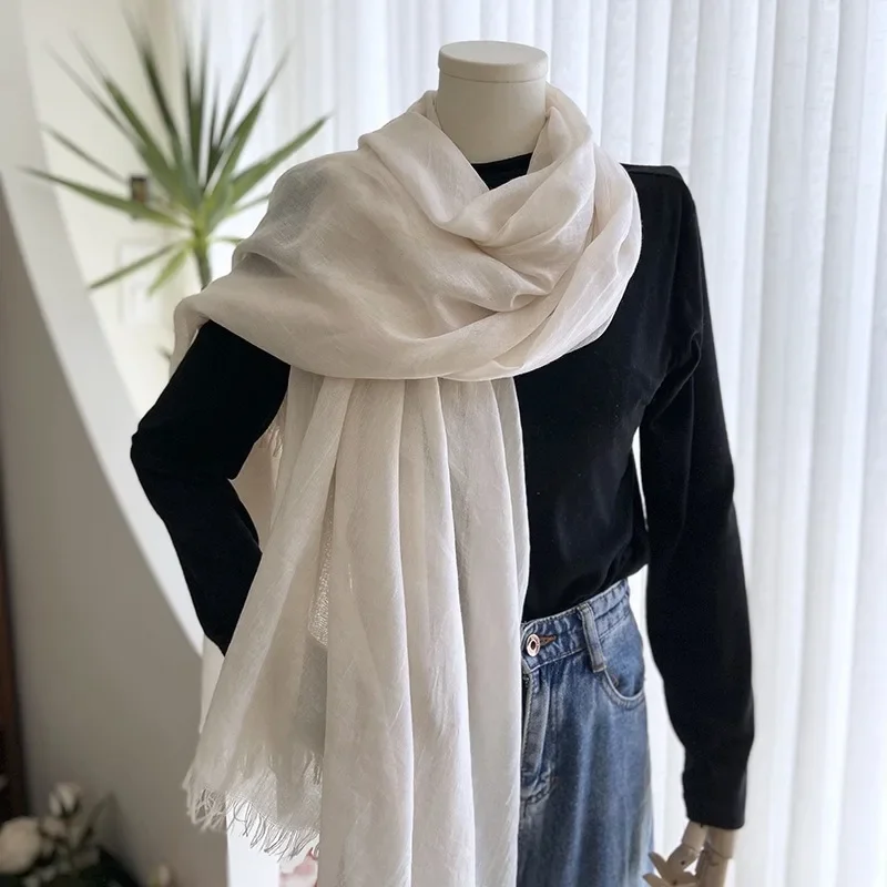 Cotton Linen Solid Color Scarf Female Summer Sun Protection Medium Length Gauze Beach Scarves Tourism Shawl  Japanese Korean