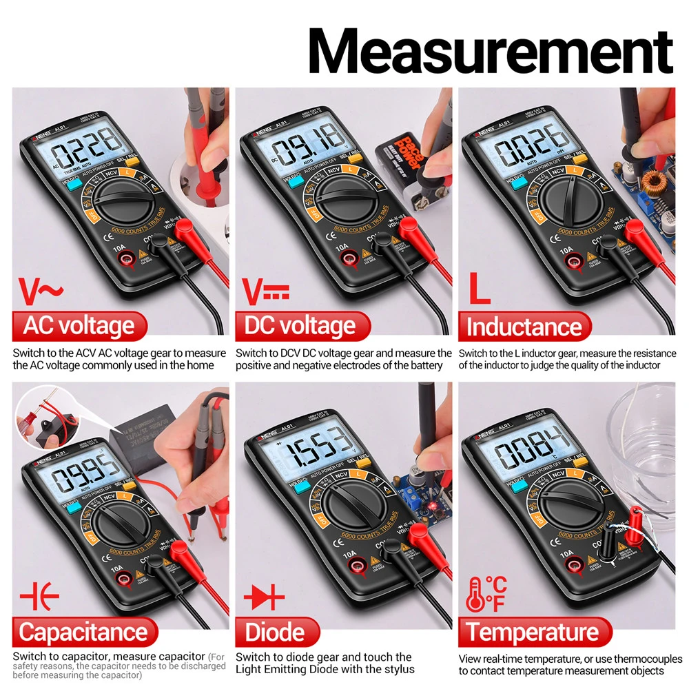 Cyfrowy multimetr indukcyjności AL01L 6000 liczyć True-RMS NCV AC/woltomierz do prądu stałego profesjonalny elektryk narzędzia miernik prądu