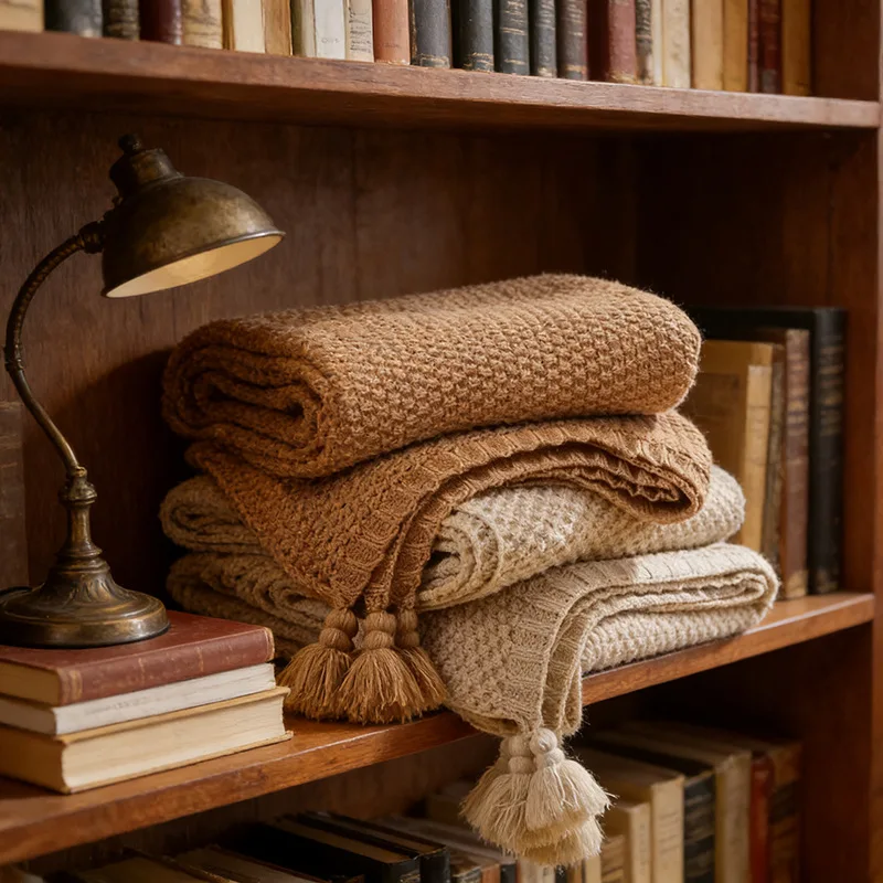 Nordic Chunky Knit Blanket with Tassel Khaki Waffle Embossed Bedspread for Bed Sofa Couch Knitted Throw Blanket Dropshipping
