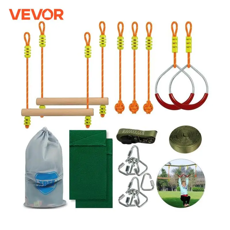 VEVOR Popsport Ninja Line 36ft Monkey Bar Kit with 7 Hanging Obstacles Slackers Safety Clips Durable Material for Park Anyplace