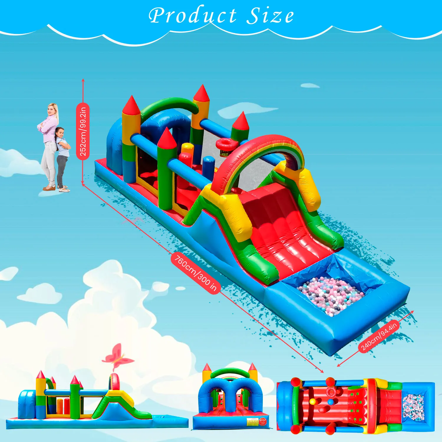 24FT PVC Commercial Inflatable Obstacle Bounce House, Suitable For Children And Adults, 1100w Blower, Dual Racing Slides, Crawli
