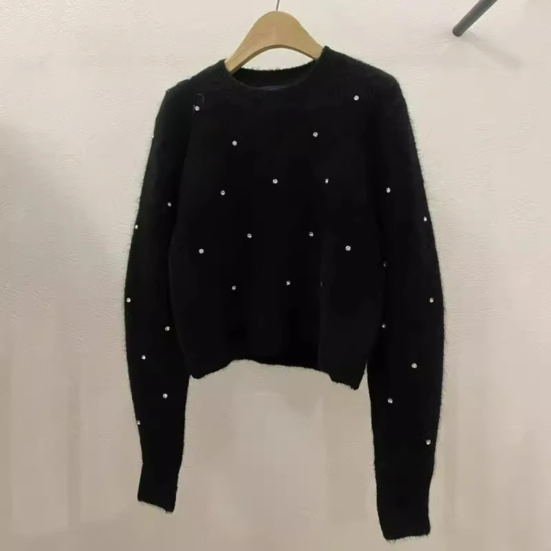 

2025 Autumn New Causal Long Sleeved Round Neck Pullover with Diamond Knitwear Sweater Women's Top