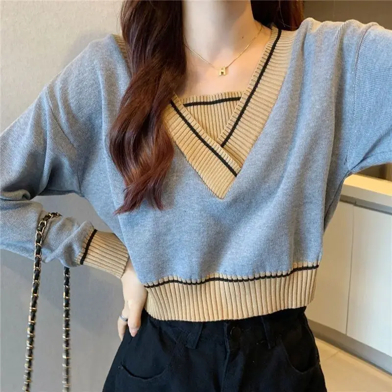 Women Autumn Korean Fashion Patchwork Loose V-neck Long Sleeve Knitwear Ladies Fashionable All-match Appear Thin Knitting Tops