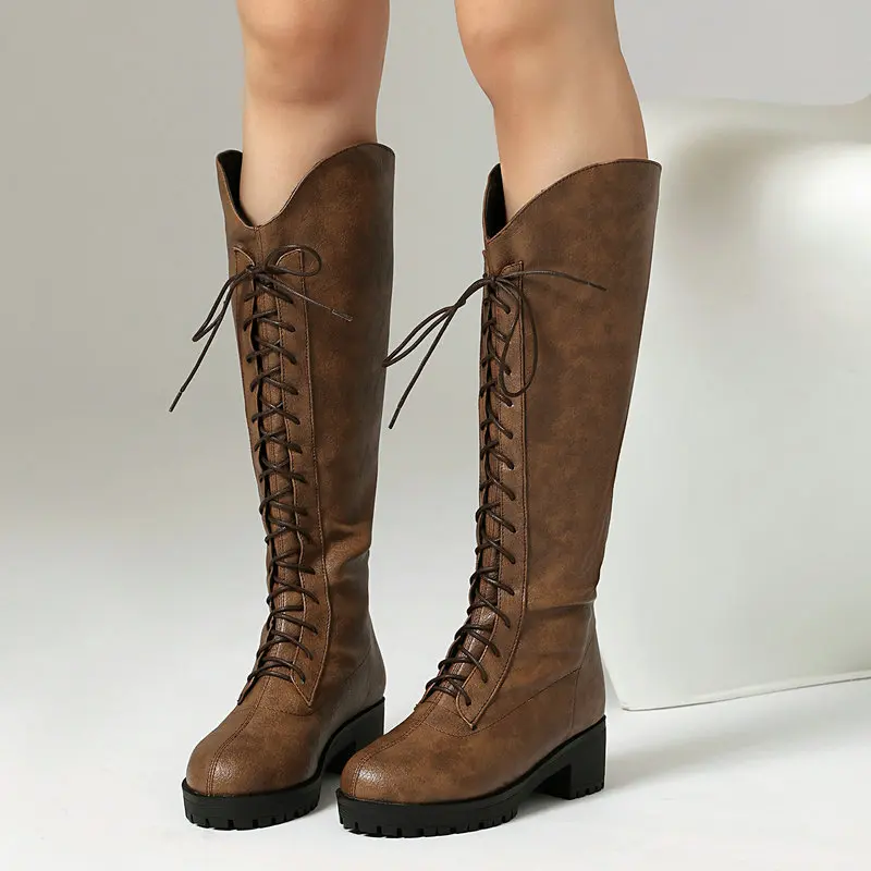 

Новые ковбойские сапоги до колена в стиле вестерн на массивном низком каблуке со шнуровкой на перекрестной завязке 34–46, повседневная зимне-осенняя обувь без шнуровки для отдыха