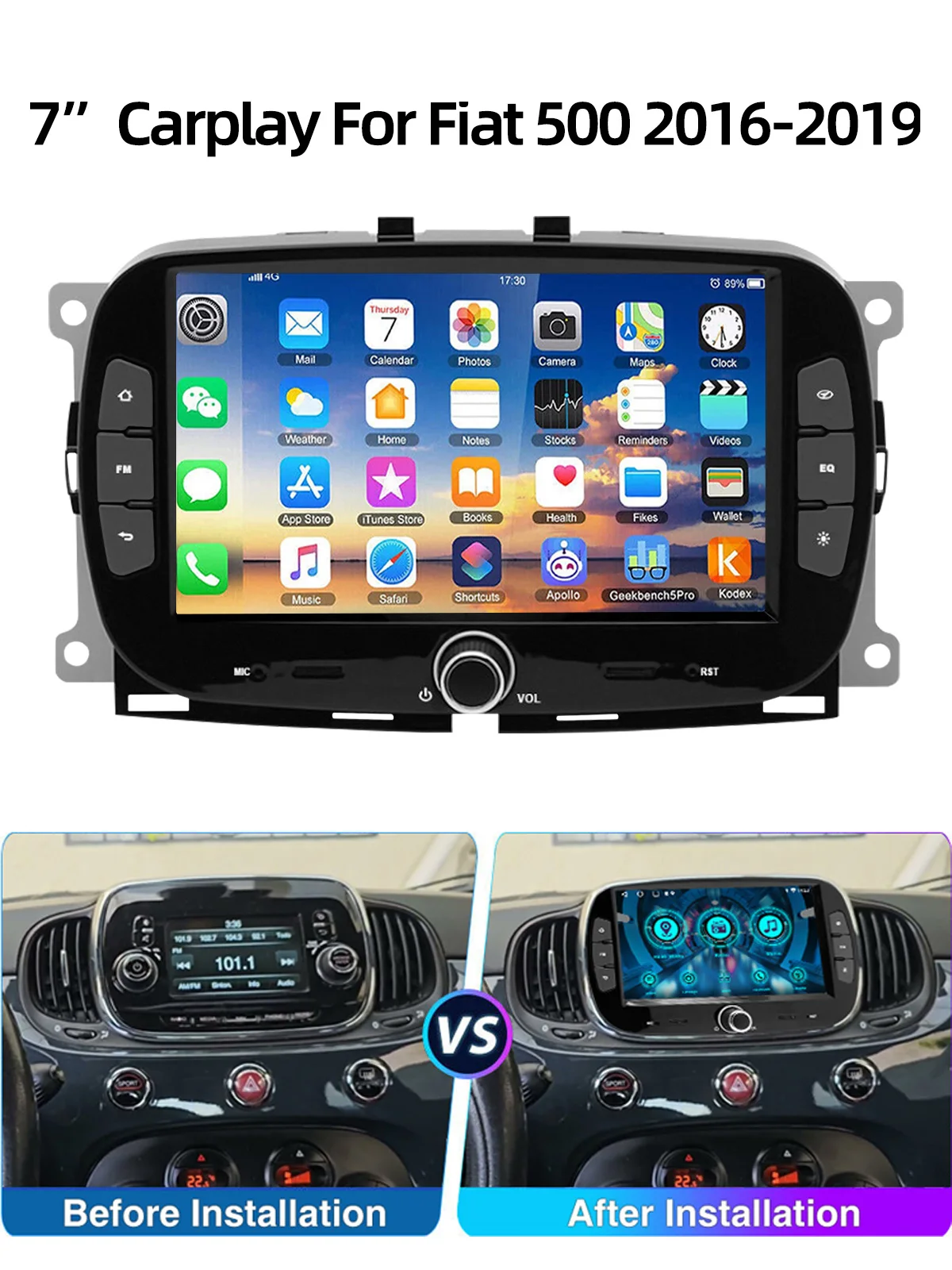 ESSGOO 7-calowe radio samochodowe z Androidem 15, bezprzewodowym CarPlay i Android Auto do FIAT 500 Abarth 2016-2019, 4+64G, GPS, Navi, WIFI, SWC, RDS, BT — 2