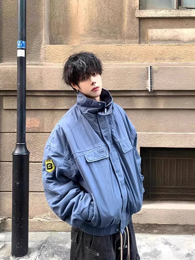 

Blue Detroit Flight Jaet Men's ort Sle Vintage Outerwear Autumn New Loose Fit Polyester Fiber Long Sve Zipper Closure