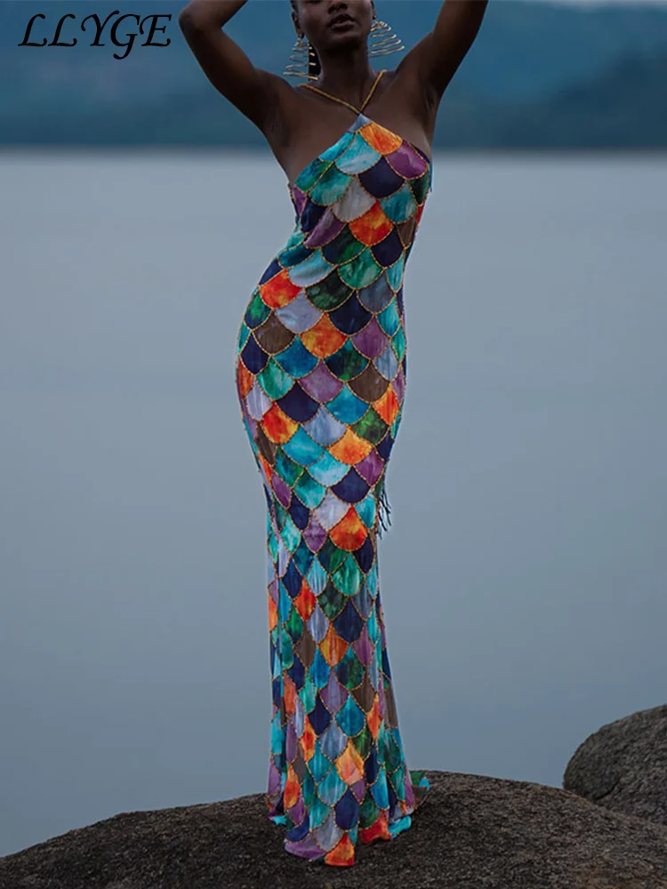 Sexy Print Long Halter Dress Women Sleeveless Backless Hip Package Female Party Dresses 2025 Spring Summer Lady Shiny Robes New image 2