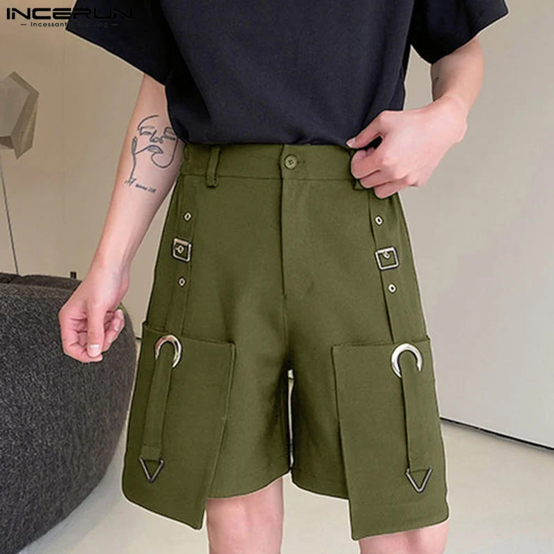 INCERUN 2024 Korean Style Shorts New Men\'s Metal Buckle Design Casual Shorts Fashionable Male Waist Elastic Solid Shorts S-5XL