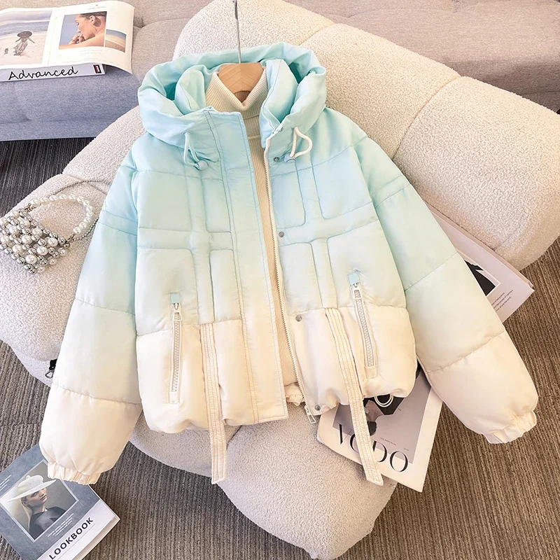 2025년 신상 그라데이션 컬러 스타일리시 여성 겨울 트렌드 자켓 두꺼운 보온성 독특한 디자인의 면 코트