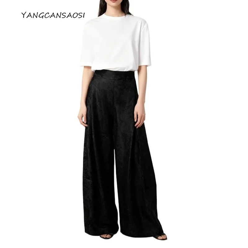 

Women's Autumn Clothing Lotus Seat Jade Plate 100% Natural Mulberry Silk Gambiered Guangdong Gauze Loose Black Casual Pants