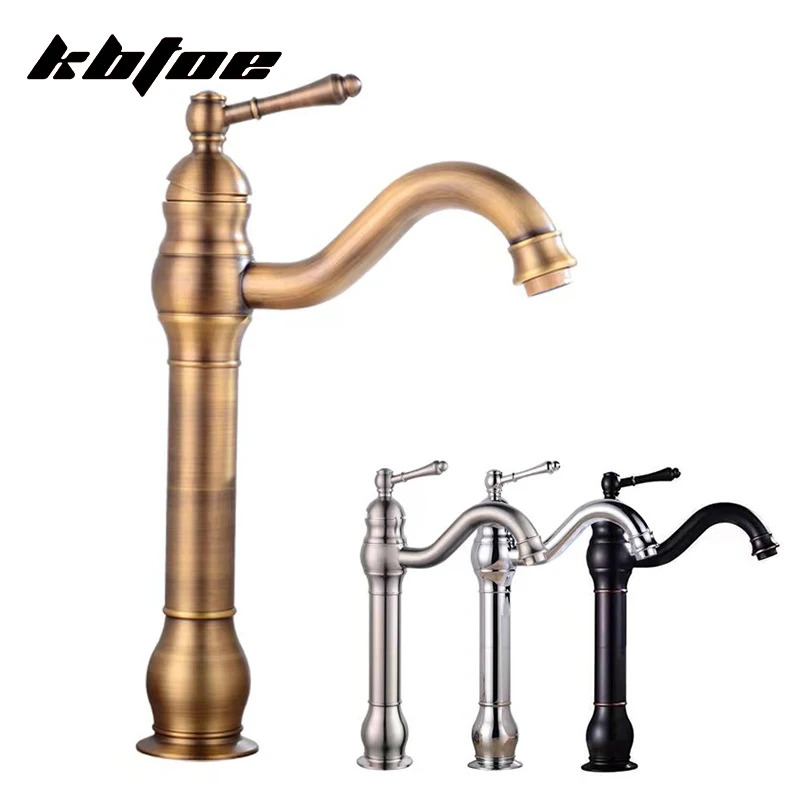 

Antique Brass Basin Bathroom Faucet Deck Mounted Hot and Cold Water Vessel Sink Mixer Tap for Vanity Single Handle 1 Hole Crane