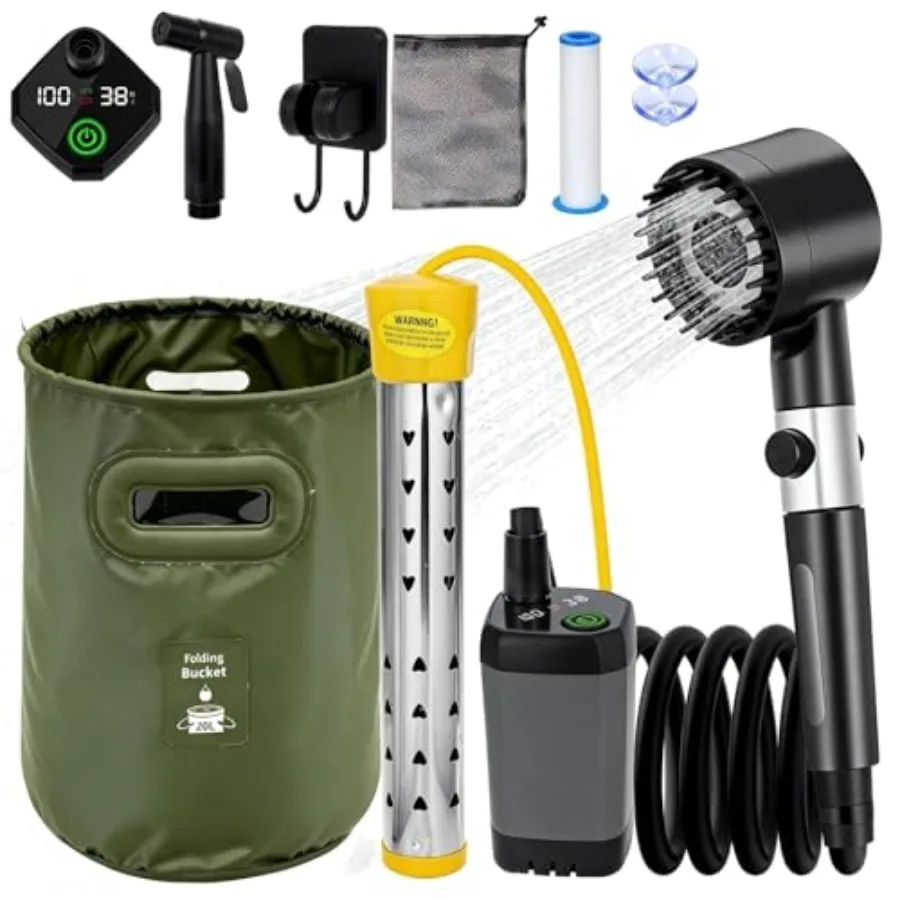 

Portable Shower for Camping with Heater Portable Camping Shower Pump with 6000mAh Battery 1500W Water Heater 5.3Gal Foldable Bu