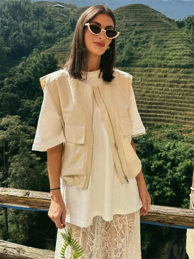 

Fashion Loose Women's Vestidos Coat Sleeveless Zipper Pocket Patchwork Loose Commute Vest Jackets Female Outwear Vestidos