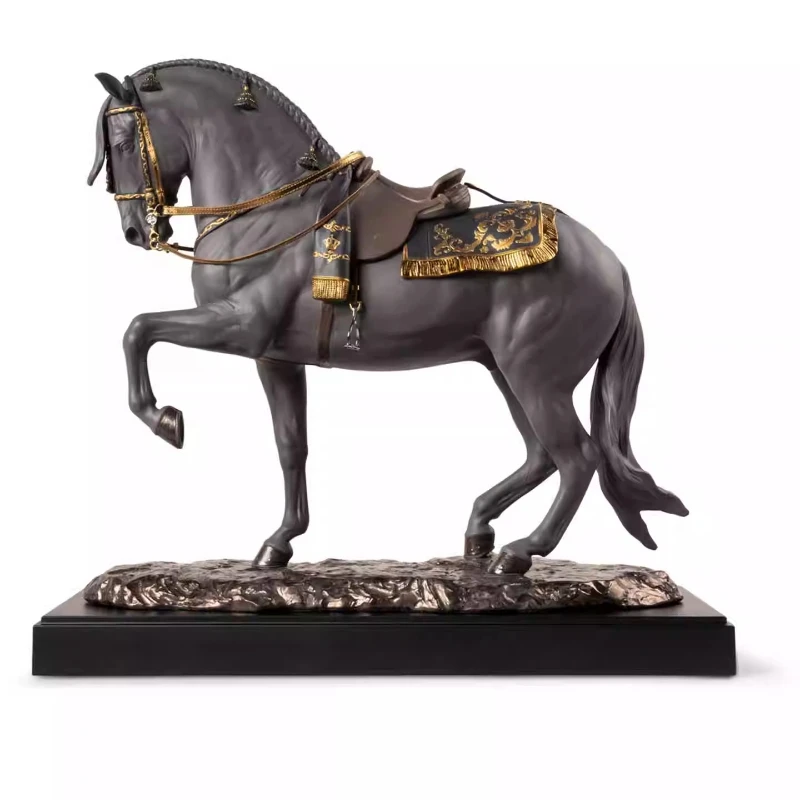 Caballo de Raza Española Negro, Adorno de Cerámica de Alta Gama para Decoración de Oficina