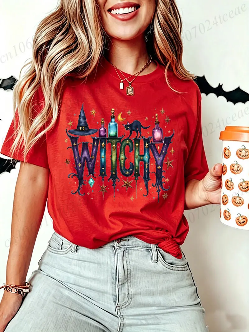 Damen-T-Shirt mit Hexen-Grafik, Halloween-Hexenhut, schwarze Katze, Mond- und Sternmuster, kurzärmeliges, lässiges T-Shirt für Hexenpartys. – Detail 5