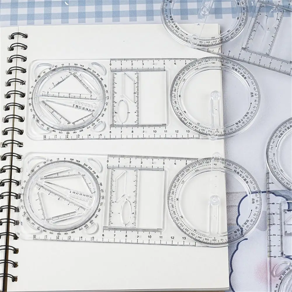 Régua de desenho de ângulo de atividade multifuncional 360 °   Modelo de desenho de medição transparente de régua geométrica móvel
