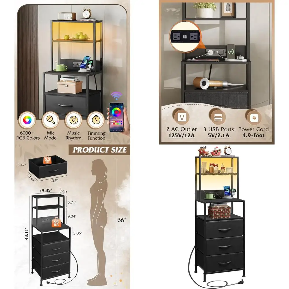 

Black Charging Station Nightstand with 3 Fabric Drawers and LED Light, Storage Shelves for Bedroom or Living Room