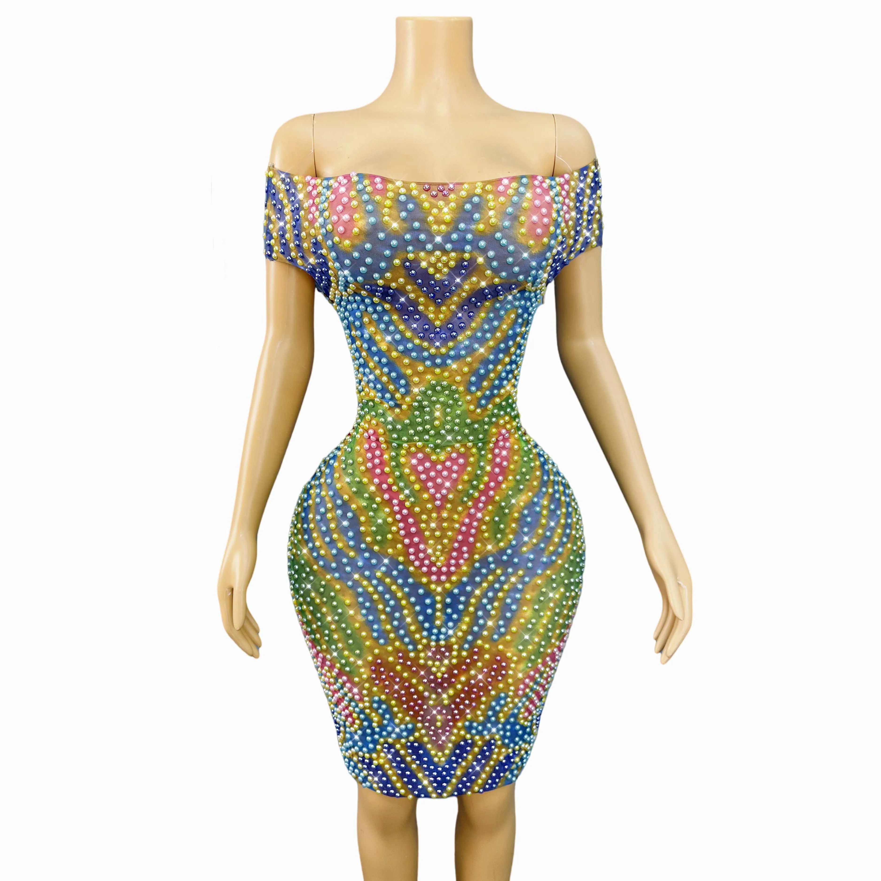

Fashion Colorful Rhinestone Mesh Tube Dress Women Birthday party celebrate costume Performance costume huancai