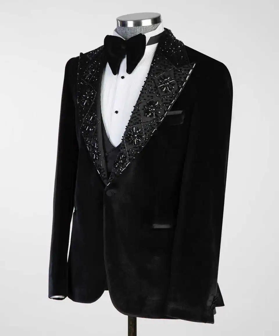 Groom Wear Wedding Tuxedos Black Beads Mens Prom Blazer Tailored Formal Party Men Skinny 2 Piece Jacket Vest