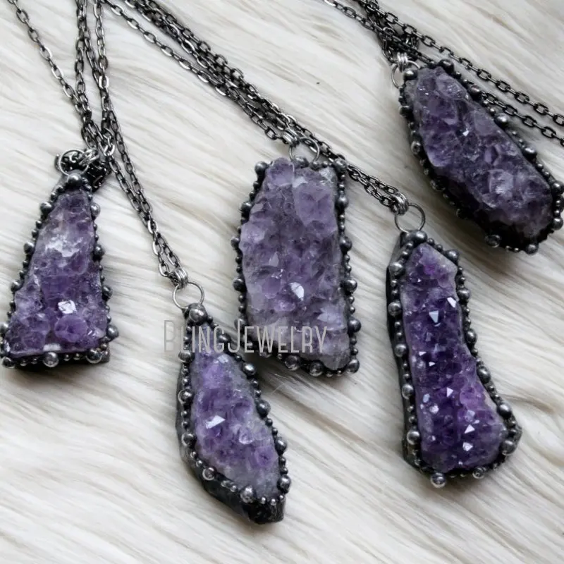 NM43801 Amethyst Cluster Necklace Raw Natural Purple  Crystal  Druzy Geode Witch Wicca Boho Hippy Goth Occult