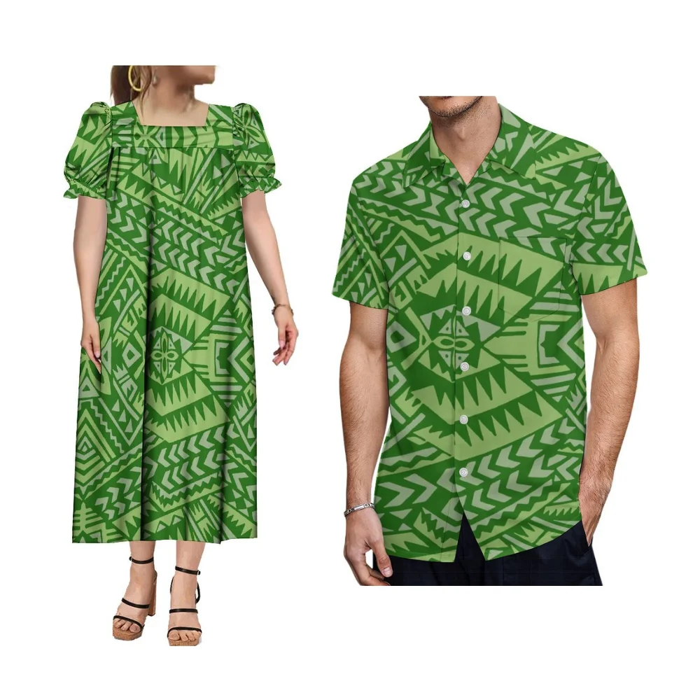 Micronesia ilha floral impressão mumu feminino pescoço quadrado vestido polinésia camisa masculina casal conjunto elegante vestido de noite para festa
