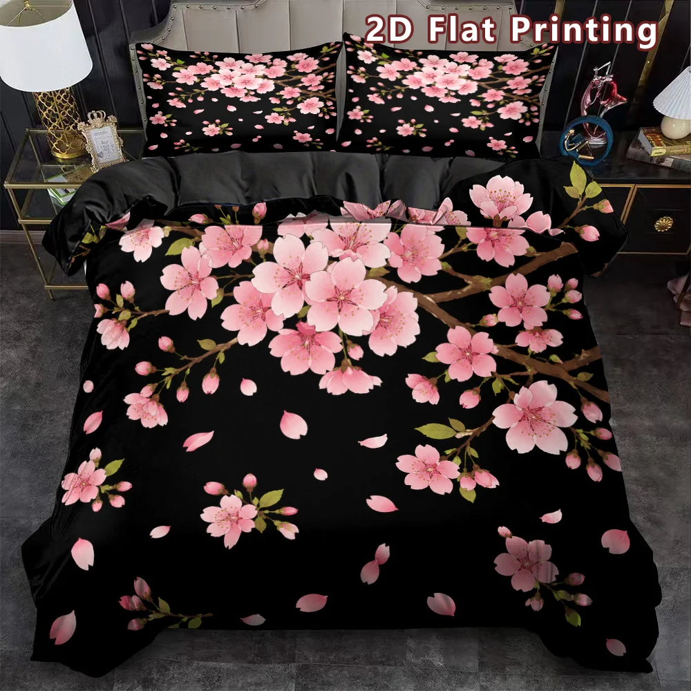 Cherry Blossoms Duvet Cover Watercolor Floral Bedding Set Flower Petals Comforter Cover Spring Botanical Garden Theme Room Decor
