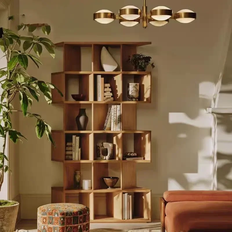 Nordic Simple Solid Wood Bookshelf Living Room Floor to Ceiling Display Cabinet Log Partition Shelf Wabi Sabi Study Bookcase