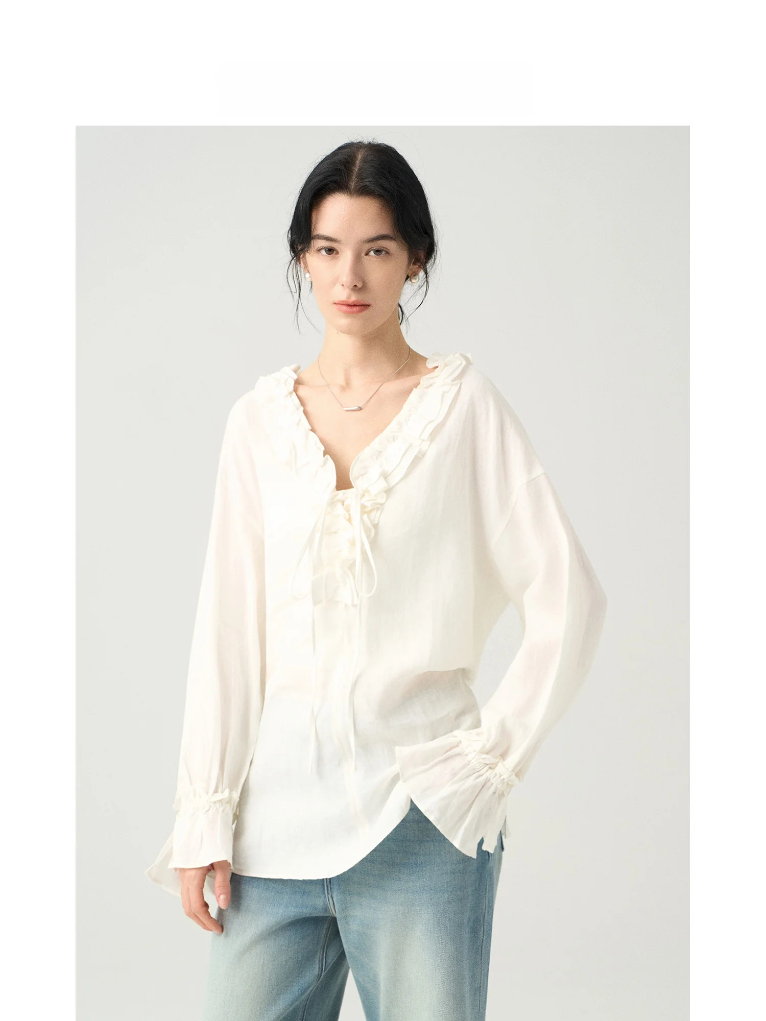 

Ruiqia Jie Casual Linen V-neck Shirt Women's Long Sleeve Gathered Belted Top Breathable Comfortable Gentle Style Loose Fit