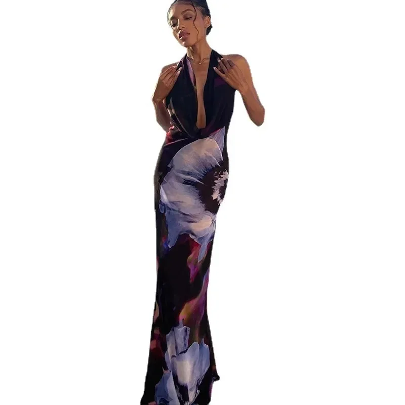 

A new digital printed, sexy, long, mid-length dress with a hanging collar from Europe and America