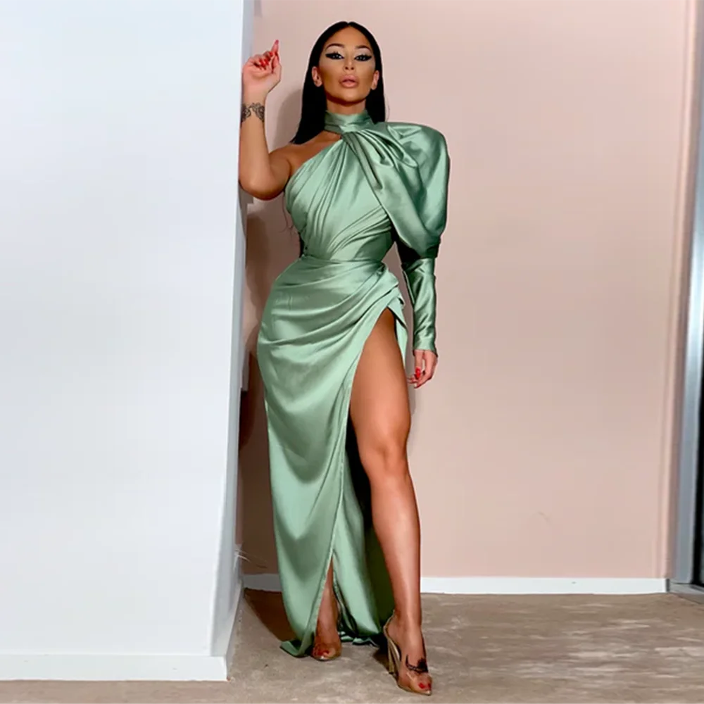 

High Neck Satin Solid Sheath Evening Prom Party Dress Side Split Long Pleated Prom Gown with Puff Sleeve vestidos de festa