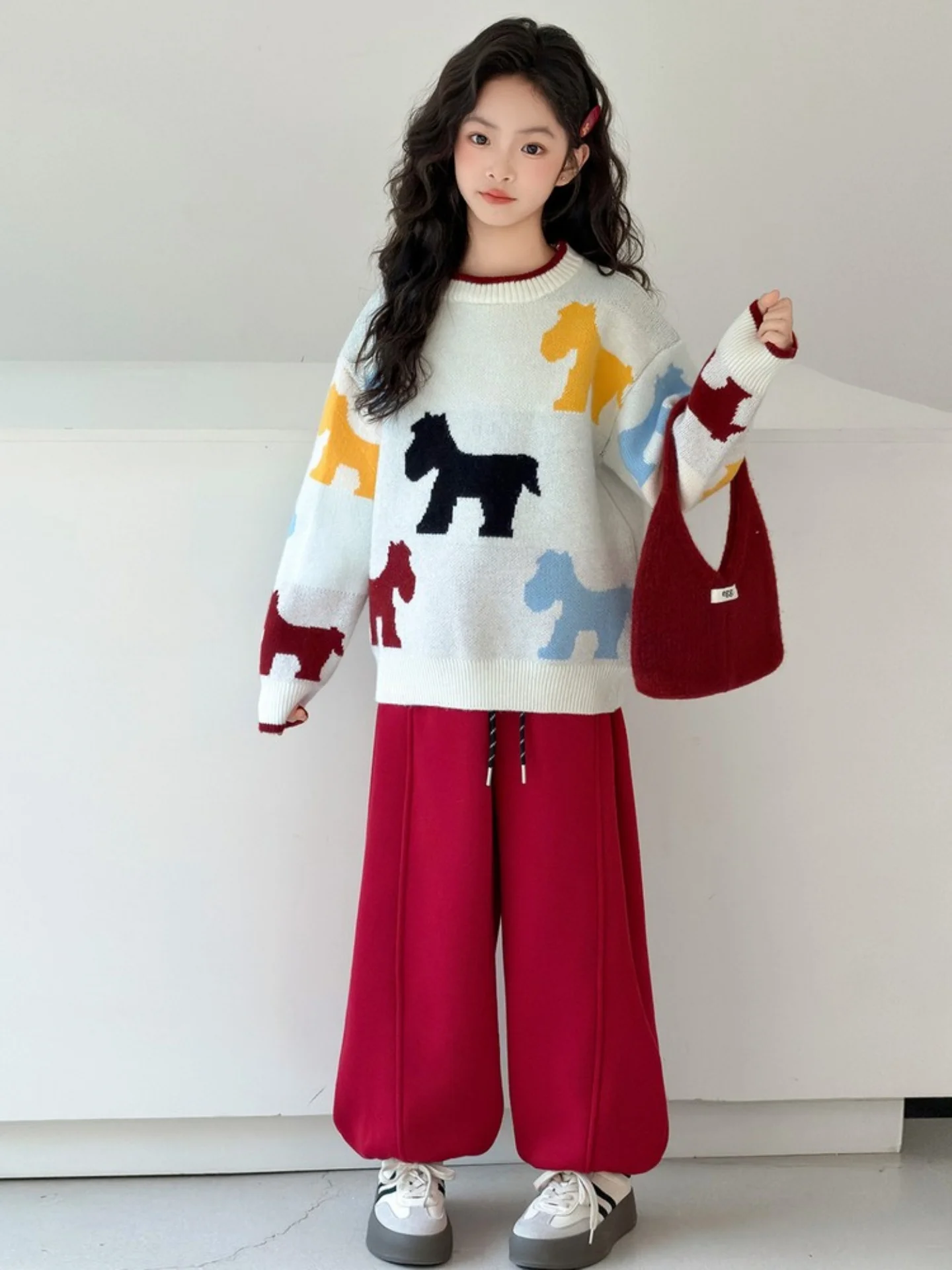 

Thiened Fce Children's Casual Outfit Two-Piece Set for Girls High Waist Long Pants Long Sve round Ne Sweater Autumn...