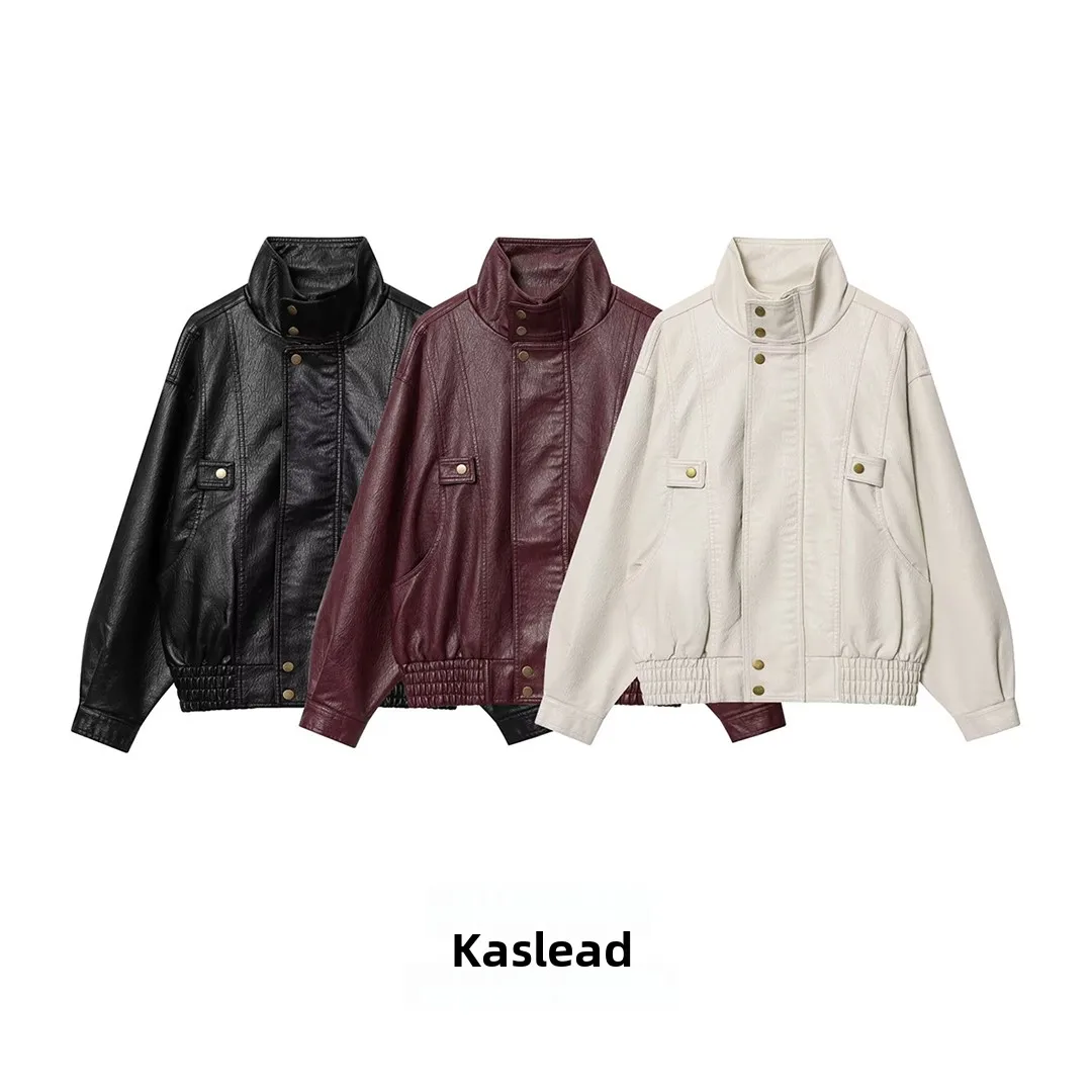 KASLEAD Nowy Damski Modny Długi Płaszcz z Ekoskóry PU Wszechstronne Okrycie Wierzchnie Elegancki Damski Detail z Guzikami Jesień P...